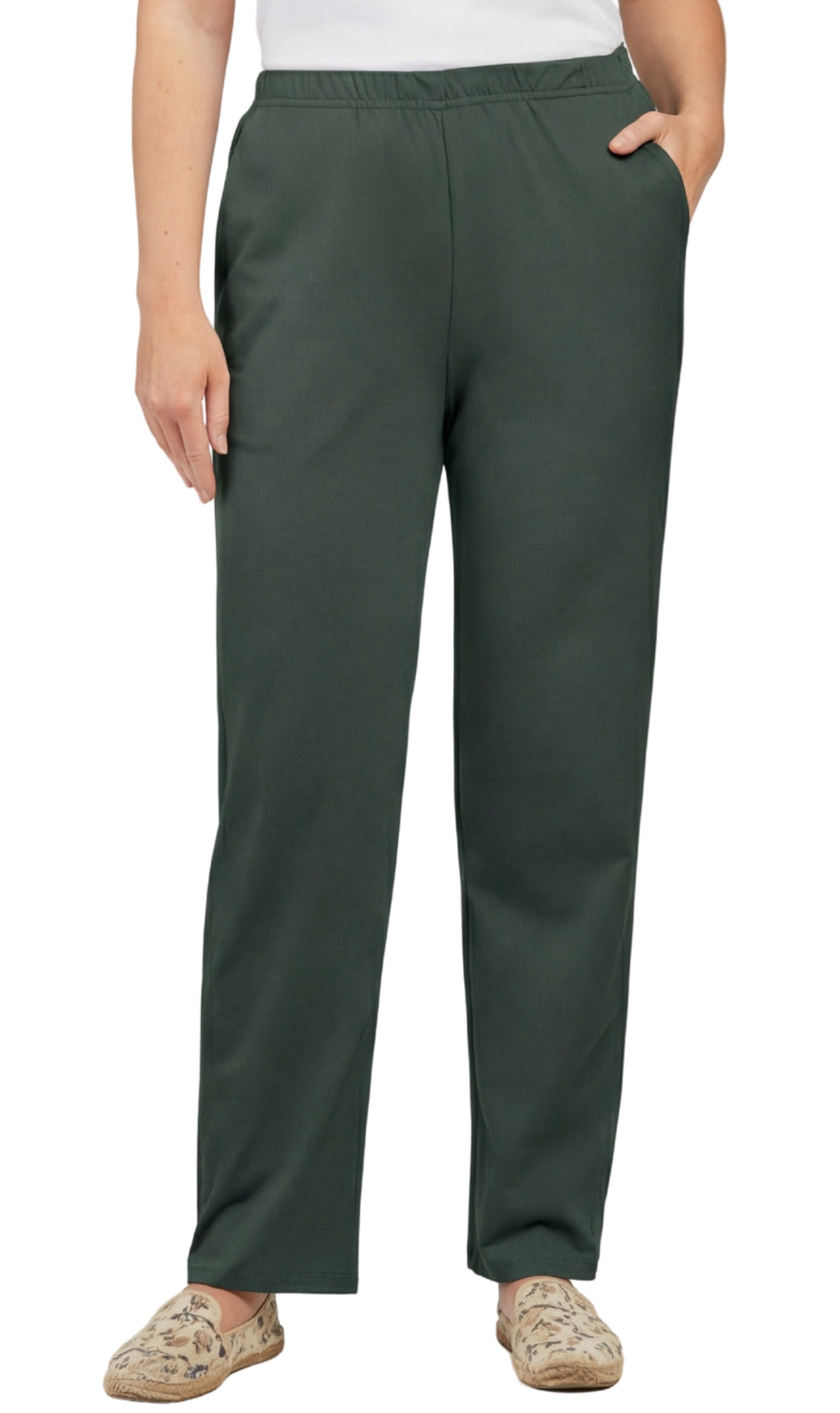 Women's Pull-On Flat Front Knit Pants — Cotton Blend Elastic Waist