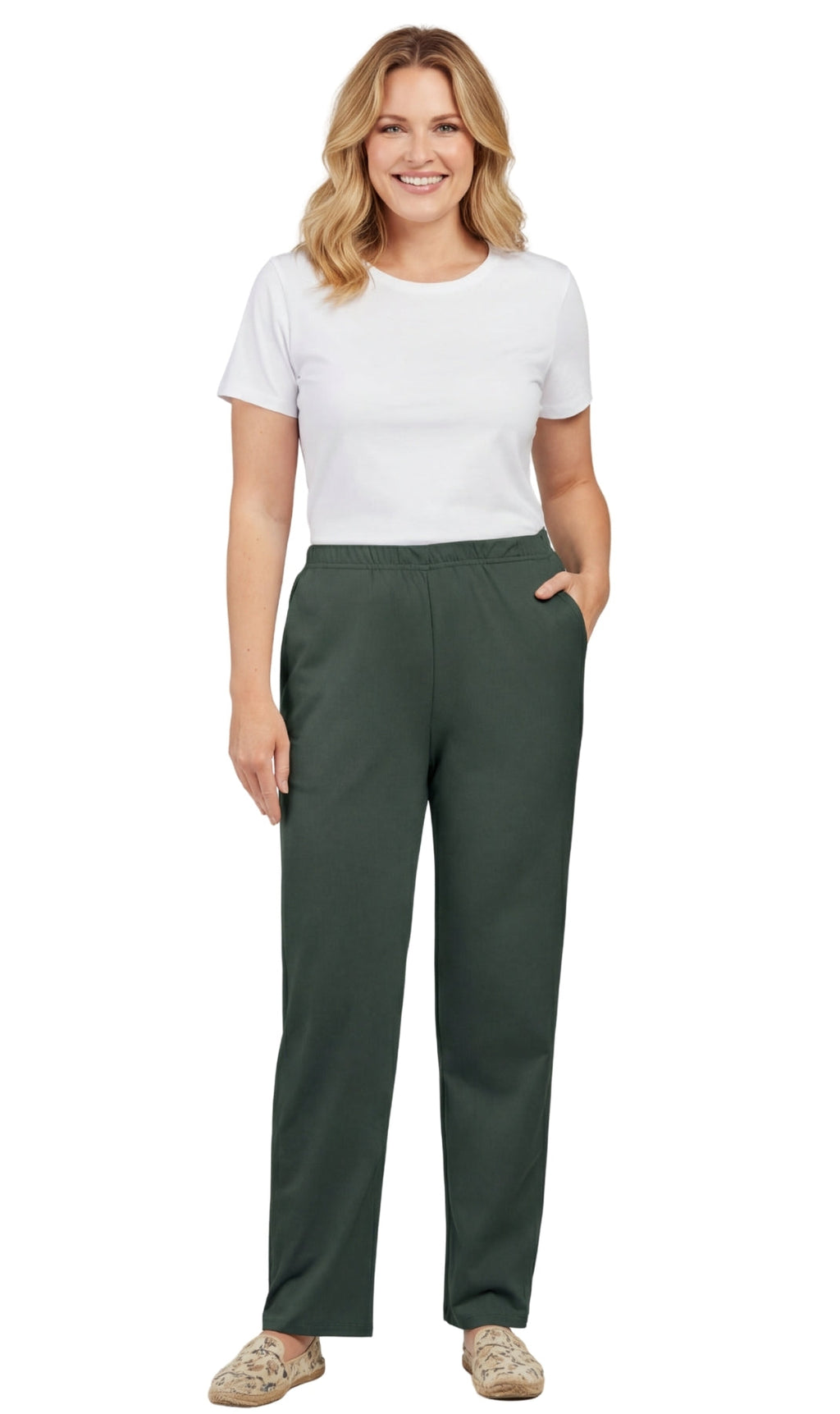 Women's Pull-On Flat Front Knit Pants — Cotton Blend Elastic Waist