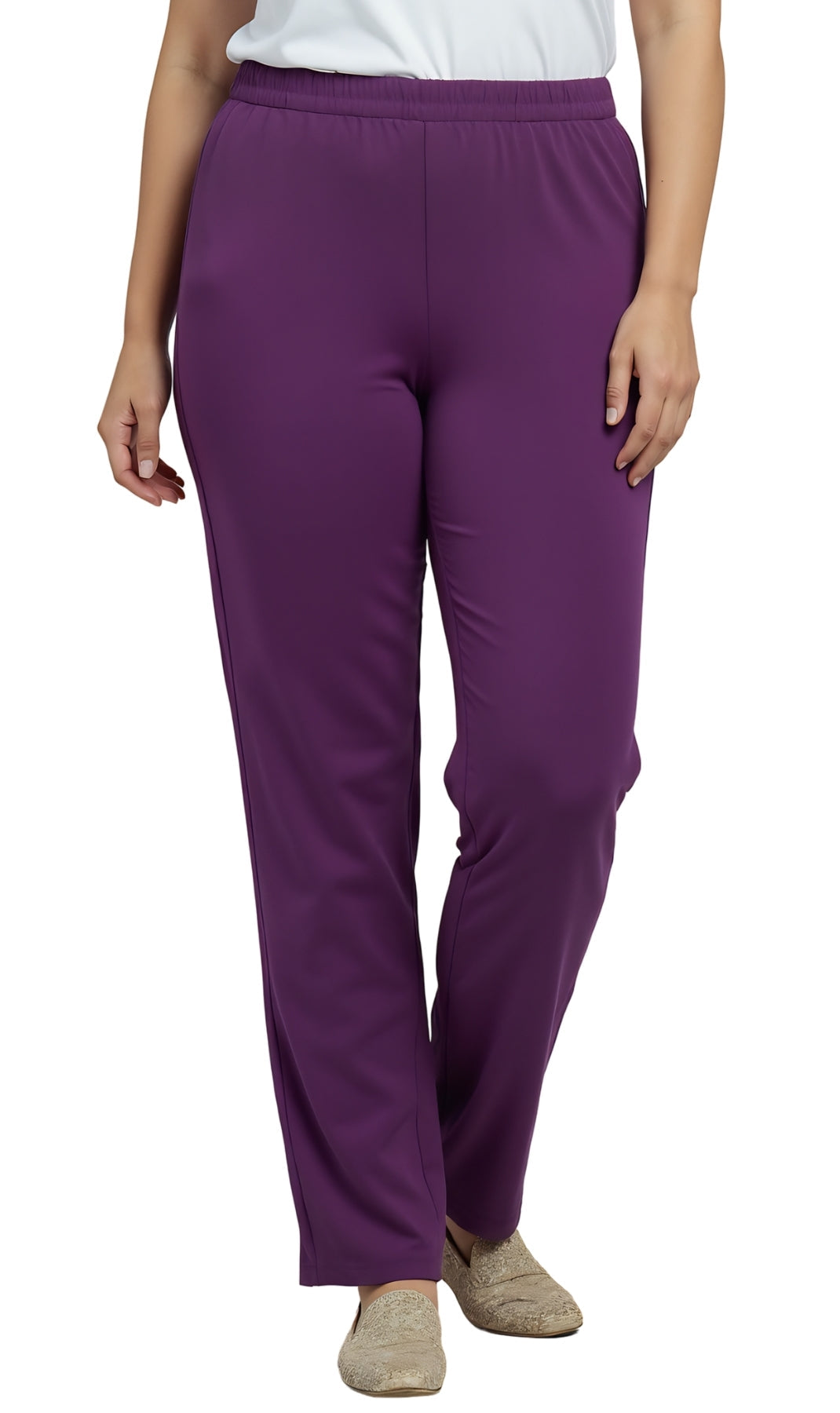 Women's Pull-On Flat Front Knit Pants — Cotton Blend Elastic Waist
