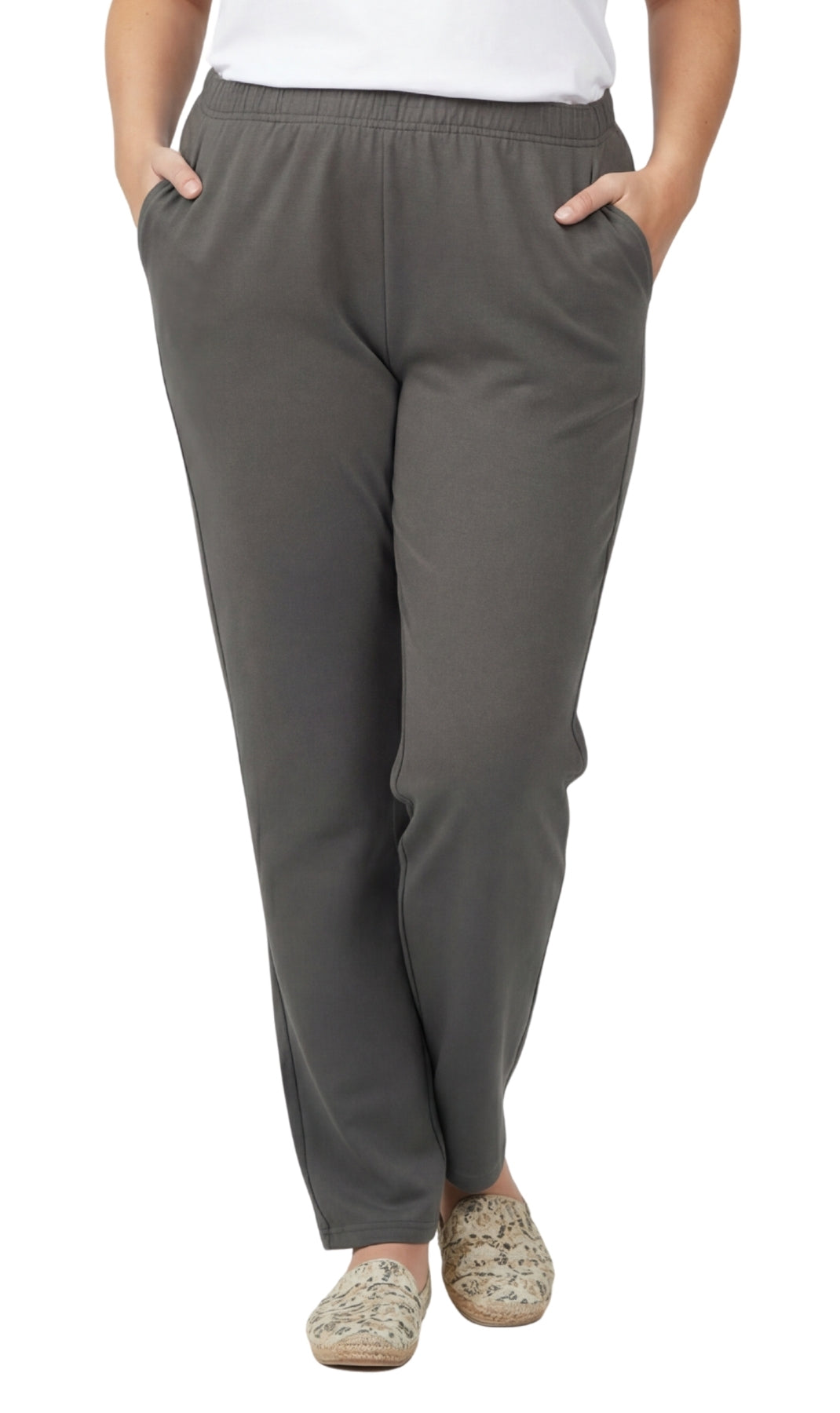 Women's Pull-On Flat Front Knit Pants — Cotton Blend Elastic Waist