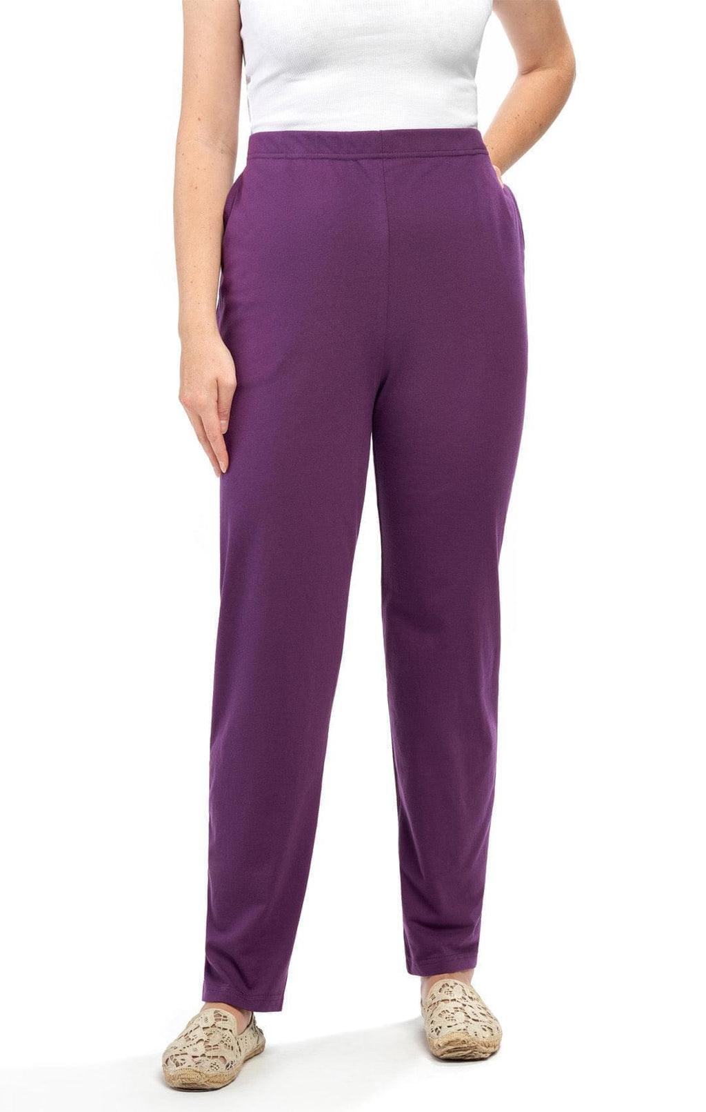 Women's Pull-On Flat Front Knit Pants — Cotton Blend Elastic Waist